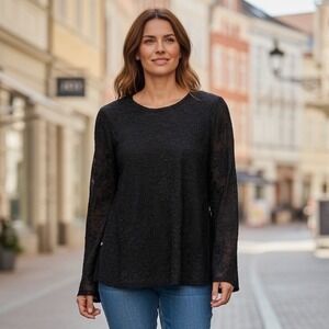 Ivy Jane Black Lace Floral Long Sleeve Top Women's Size L Sheer Mesh